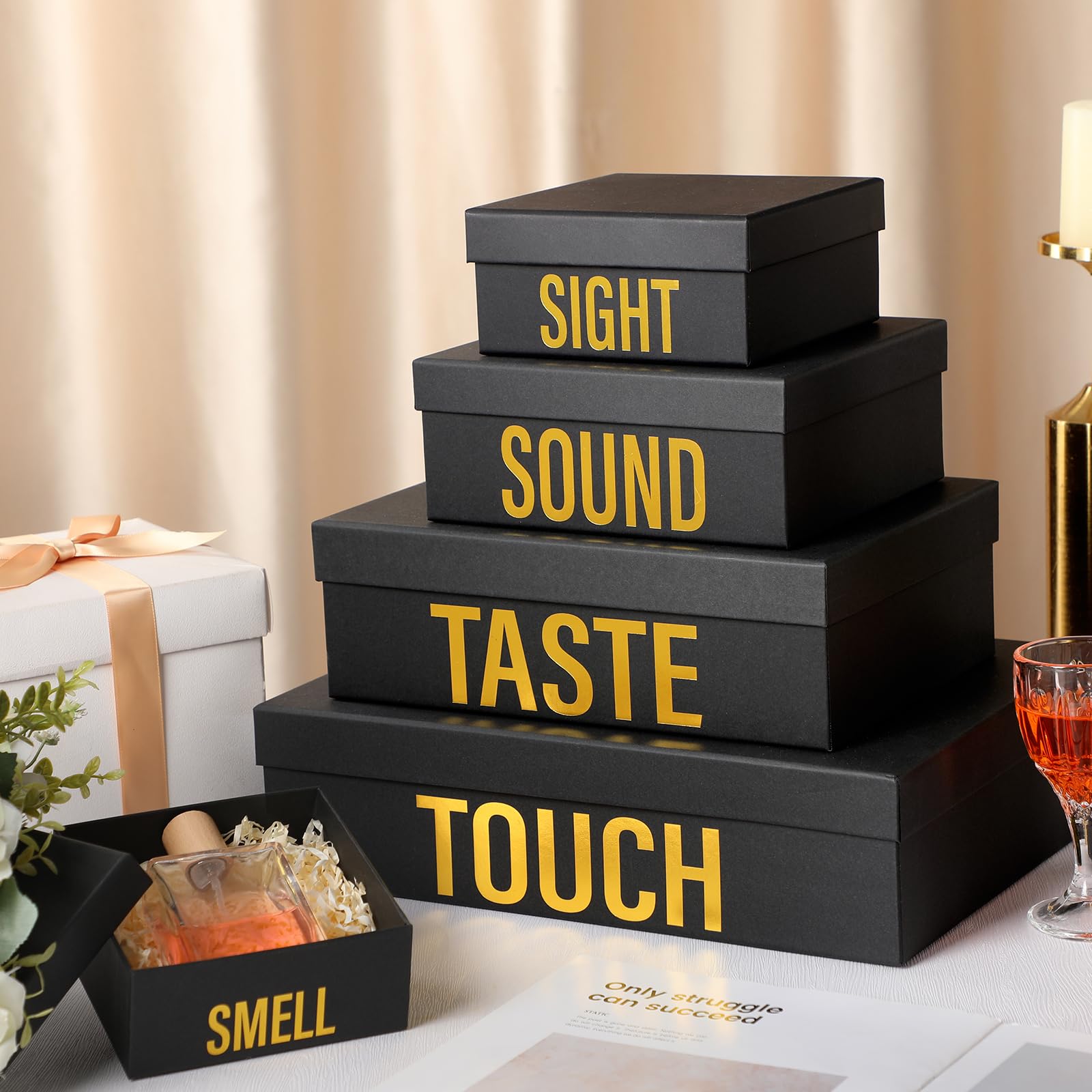 Kolldenn 5 Senses Geschenkboxen für Ihn, große verschachtelte Geschenkbox mit Deckel für Geschenk, Valentinstag, stapelbar, fünf Sinne mit goldenem Wort für Hochzeit, Jahrestag, Geburtstag