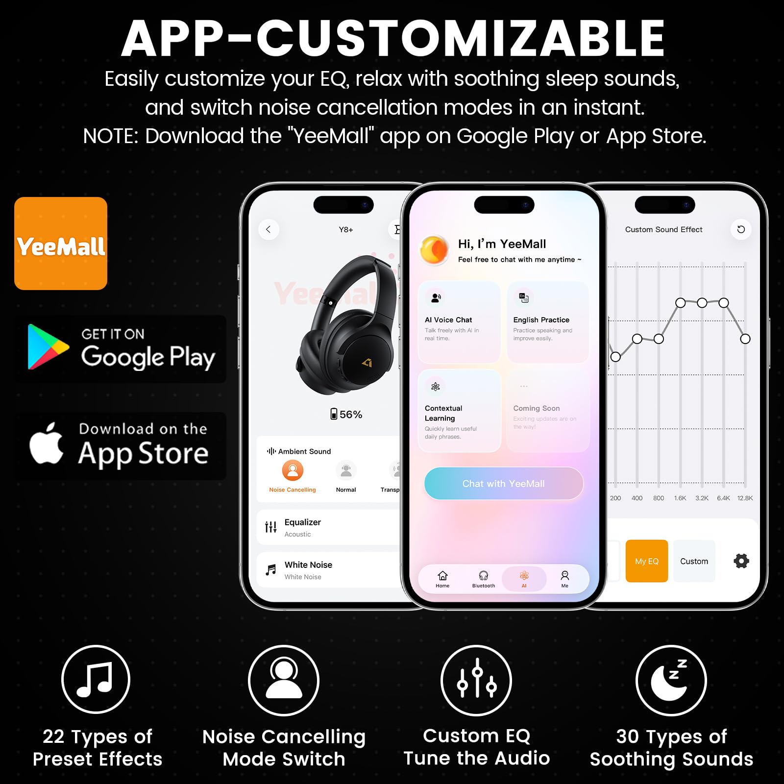 1Mii Y8+ Noise Cancelling Headphones Bluetooth, Wireless LDAC Hi-Res Audio, Custom EQ via App, 75H Playtime, Comfort Fit, Over Ear Headphones Foldable for Airplane Travel Home Office Black
