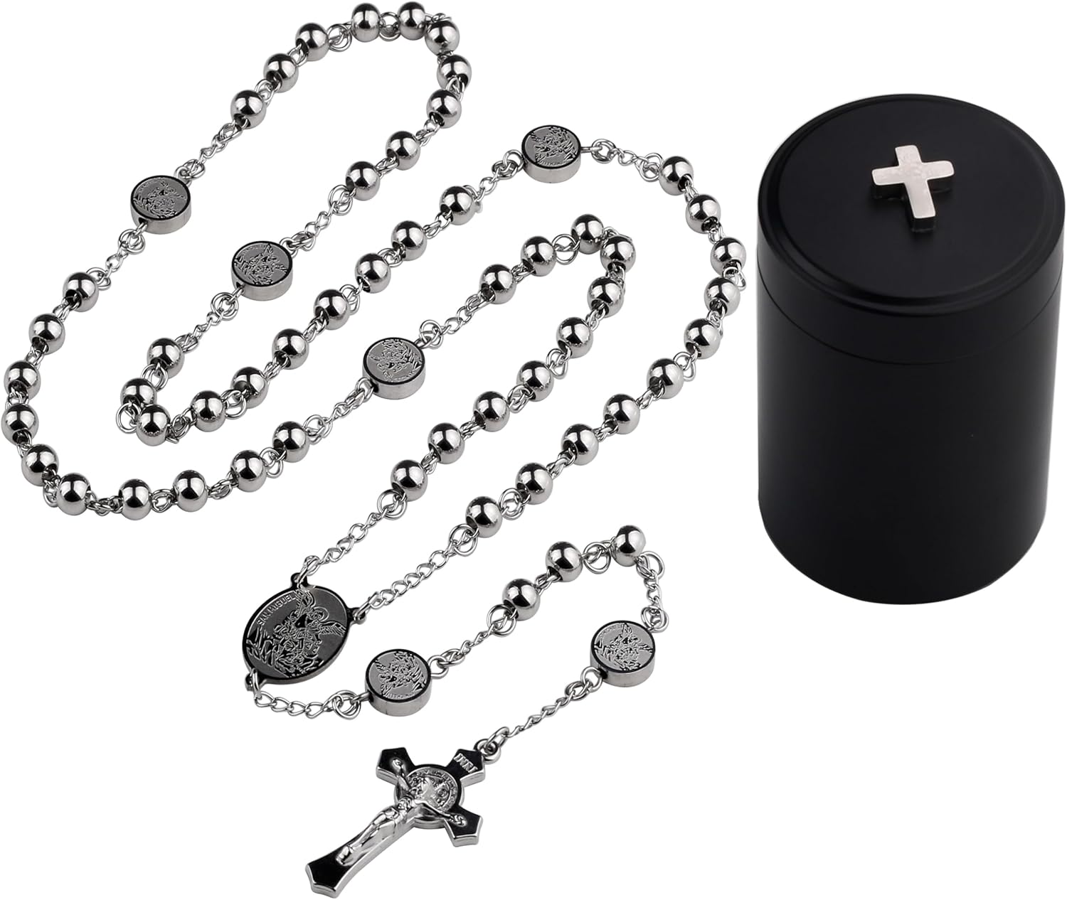 HanlinCC Stainless Steel Catholic Rosary Necklace with Gift Box with Saint Benedict Saint Michael Miraculous medal for Men and Women