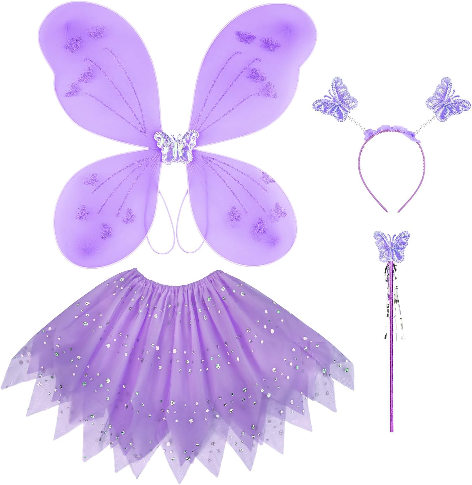 Kids Fairy Wings Costume - Butterfly Wings, Tutu, Magic Wand, Headband & Princess Skirt Set