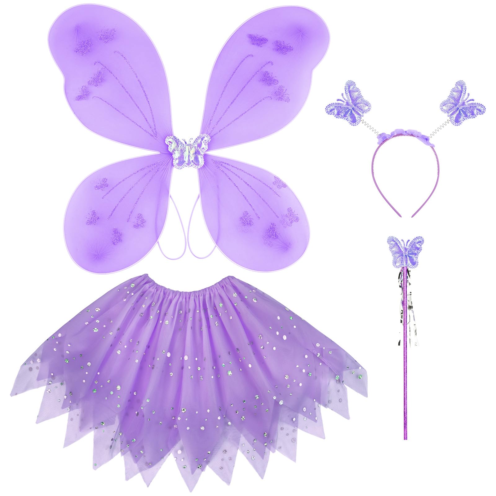 Kids Fairy Wings Costume - Butterfly Wings, Tutu, Magic Wand, Headband & Princess Skirt Set