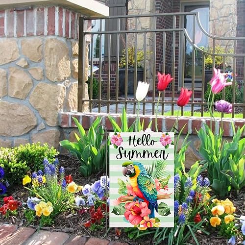 Miniatura 7 de Bandera de jardín de verano con loro de 12 x 18 pulgadas, bandera de doble cara con texto en inglés "Guacamayo Says Hello Summer", bandera de patio
