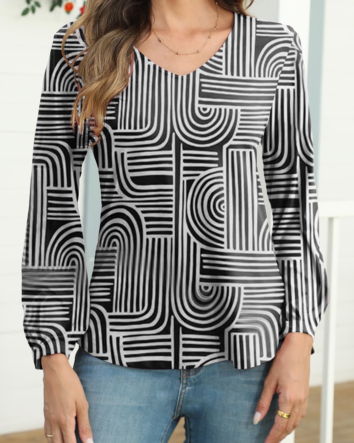 Womens Dressy Tops V Neck Floral Long Sleeve Shirts Loose Puff Sleeve Work Blouses Casual Fall Stylish Clothes - Image 3