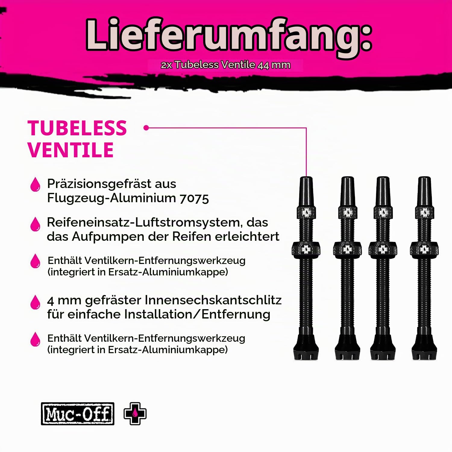 Muc-Off Tubeless Ventile V2 – 44 mm schwarz (2er-Pack) | 4 x 7075 Presta-Ventile aus Flugzeugaluminium mit Kernentfernungswerkzeug | 44 mm/60 mm/80 mm – 10 eloxierte Farboptionen | passend für MTB