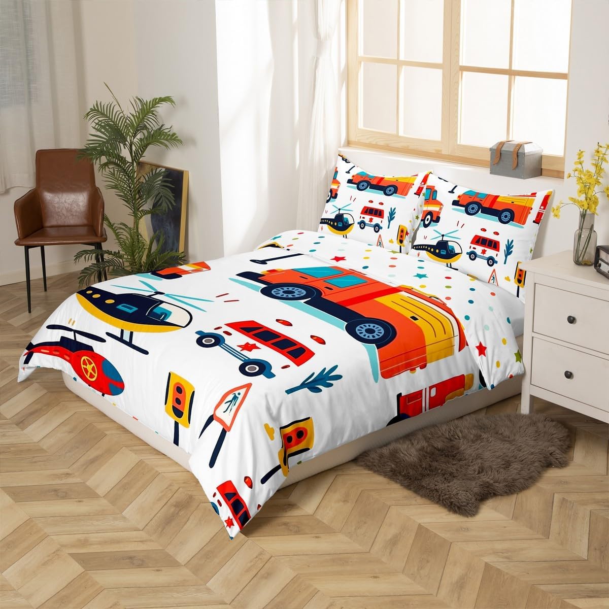 Castle Fairy Cartoon Helicopter Bedding Set Fire Engine Ambulance Bedding Duvet Cover Kids Boys Traffic Lights Comforter Cover Soft Polyester Bedroom Quilt Cover 2Pcs Toddler,No Comforter
