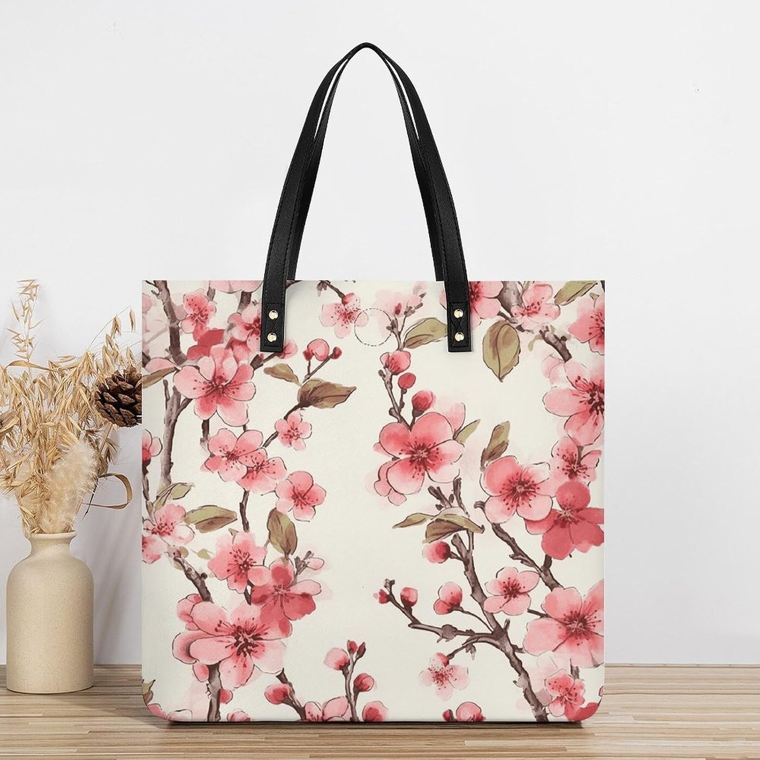 Cherry Blossom Tote Bag with Magnetic Buckle Reusable Grocery Bags Lightweight Cross Body Handbag for Daily Essentials