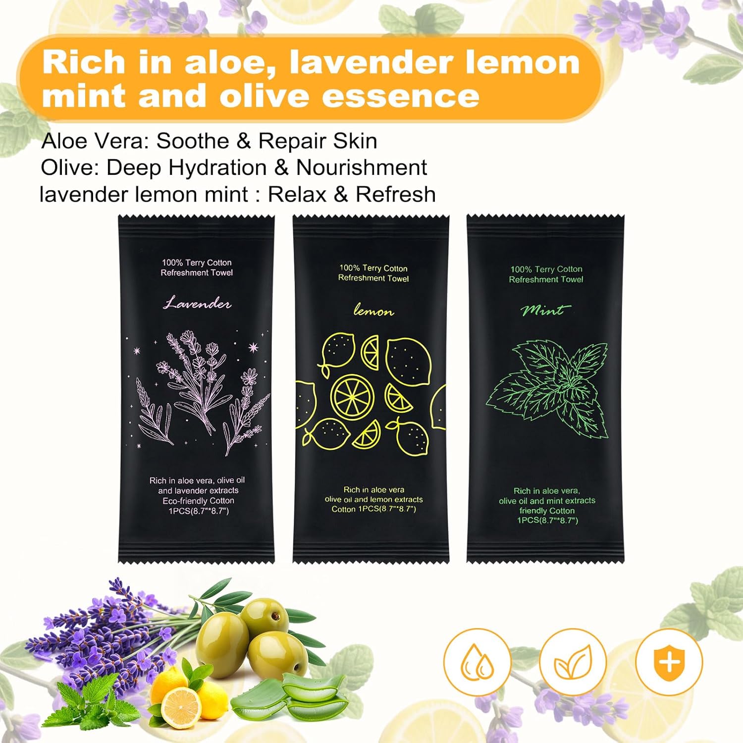 Moist Cotton Towel Bulk Moist Towelettes Individually Wrapped 8.7" x 8.7",White Towel Services,Refreshment Pre Moistened Towels Lavender,Lemon and Mint for Sport Party Spa(Pack of 150)