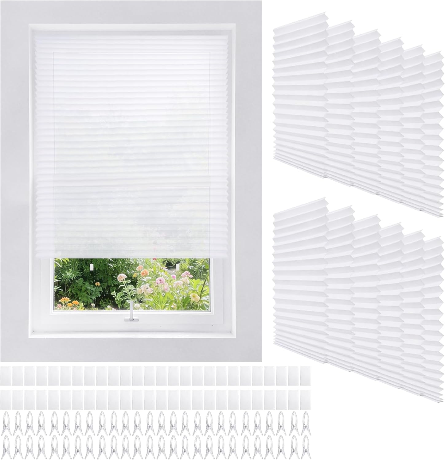 13 Pack Filtering Temporary Blinds with 26 Clips and 26 Velcro 35 x 71 Inch White Self Adhesive Window Shade Cordless Pleated Light Filtering Fabric Shade Easy to Cut and Install for Windows