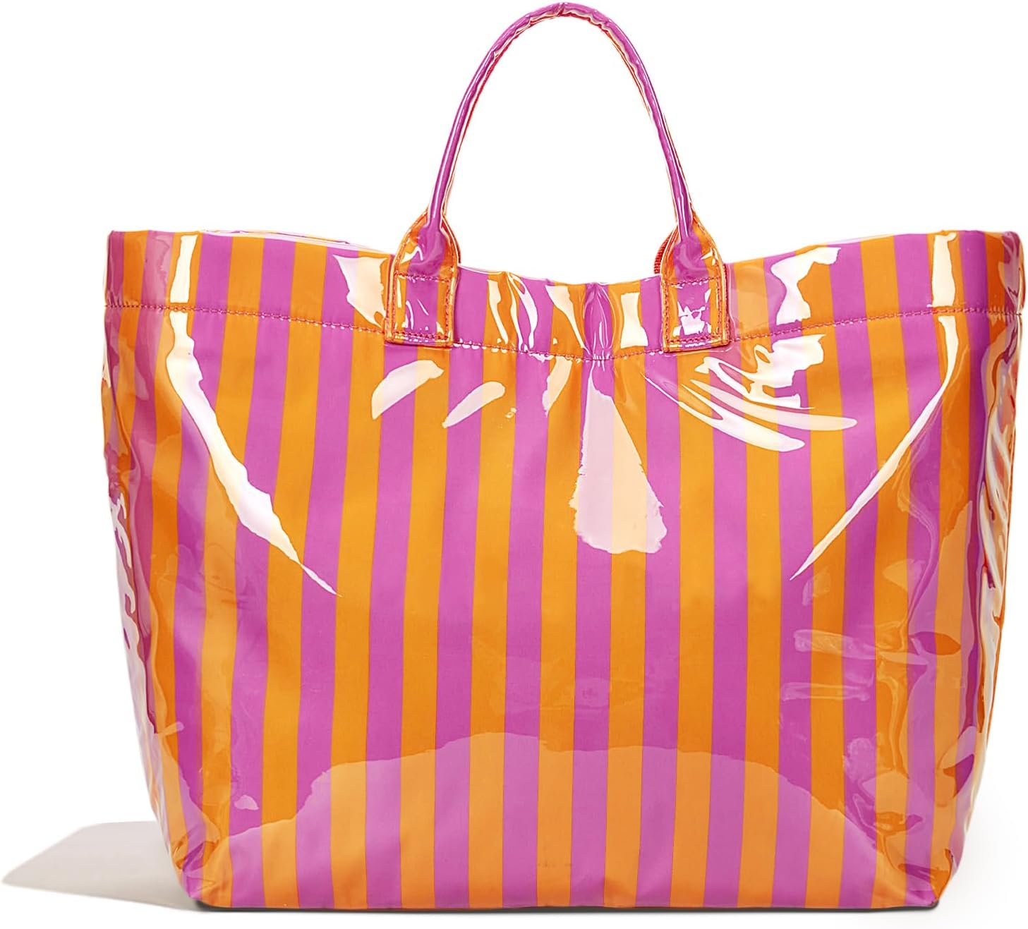 Lushandy Striped PVC Tote Bag for Women, Waterproof Plastic Tote Bag for Beach Pool Large Top Handle Travel Hobo Handbag