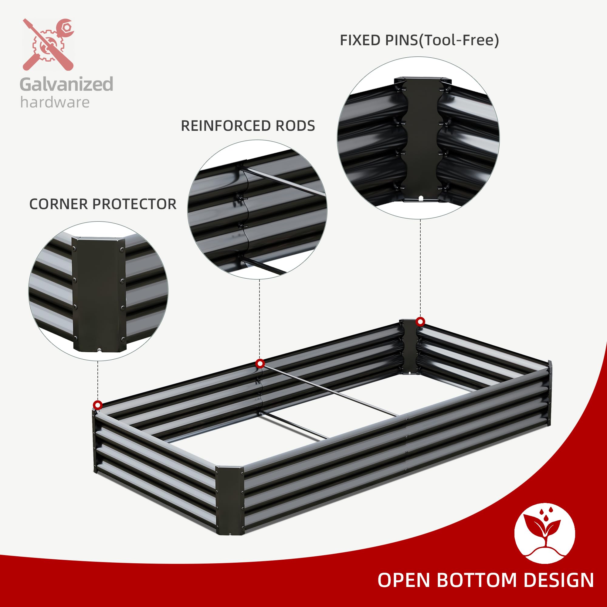 Hochbeet-Set aus verzinktem Metall, 1,8 x 0,9 x 0,3 m, verzinkter Stahl, 2 Stück, Stahl-Set mit offenem Boden, für Gemüse, Blumen, Kräuter, Obst, Schwarz