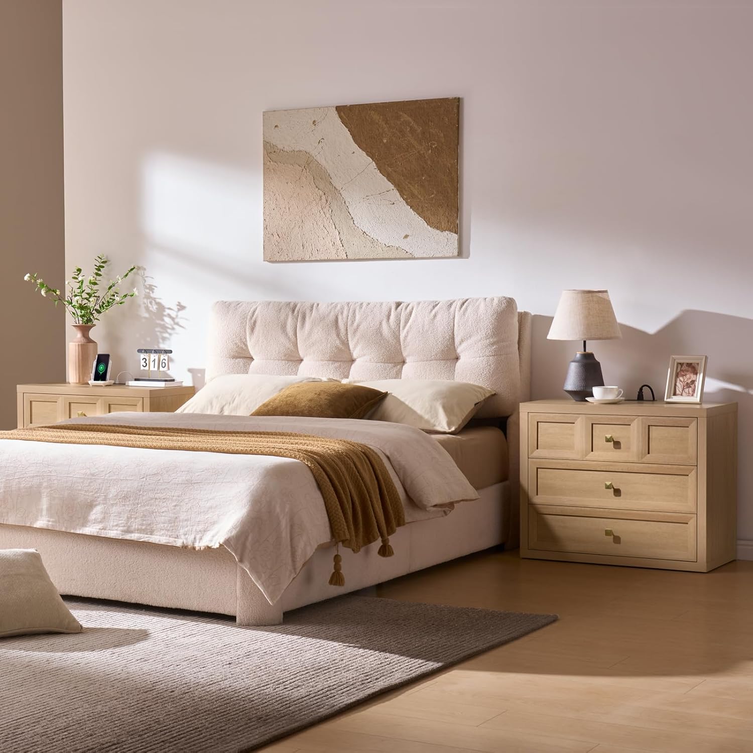 3 Drawers Nightstand W/Charging Station, 30.7" W King Size Bedside Table with 3 Drawers, Accent End Table W/Large Storage, Modern Wood Side Table for Bedroom,Office (1 Piece, Natural)