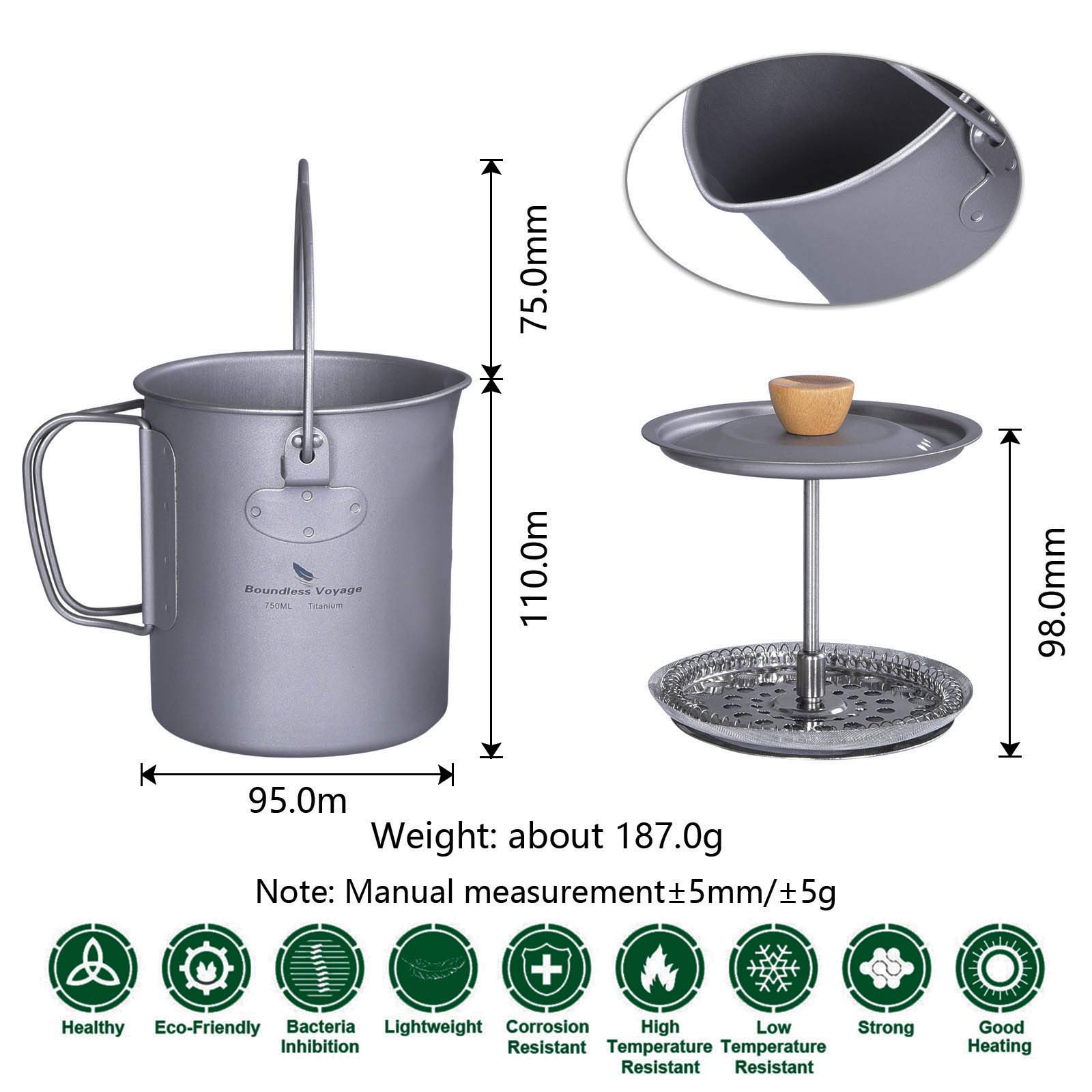 Boundless Voyage Titanium Coffee Cup with Lid 750ml / 900ml French