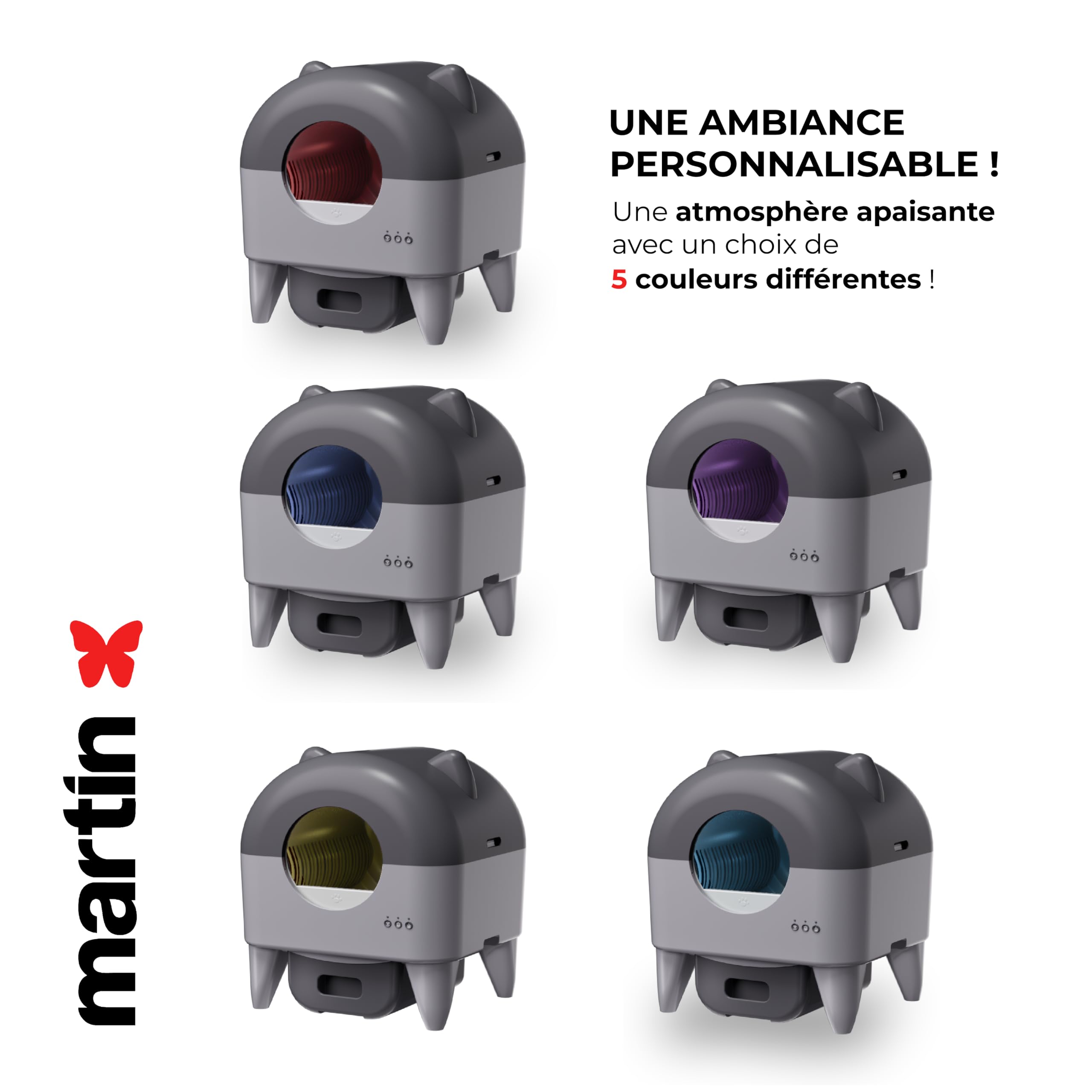 Martin Sellier Automatisches Katzenstreu, 76 l, intelligente Reinigung, Steuerung über App, Sicherheitssensoren, sehr leise (40 dB), mehrere Katzen, modernes LED-Design