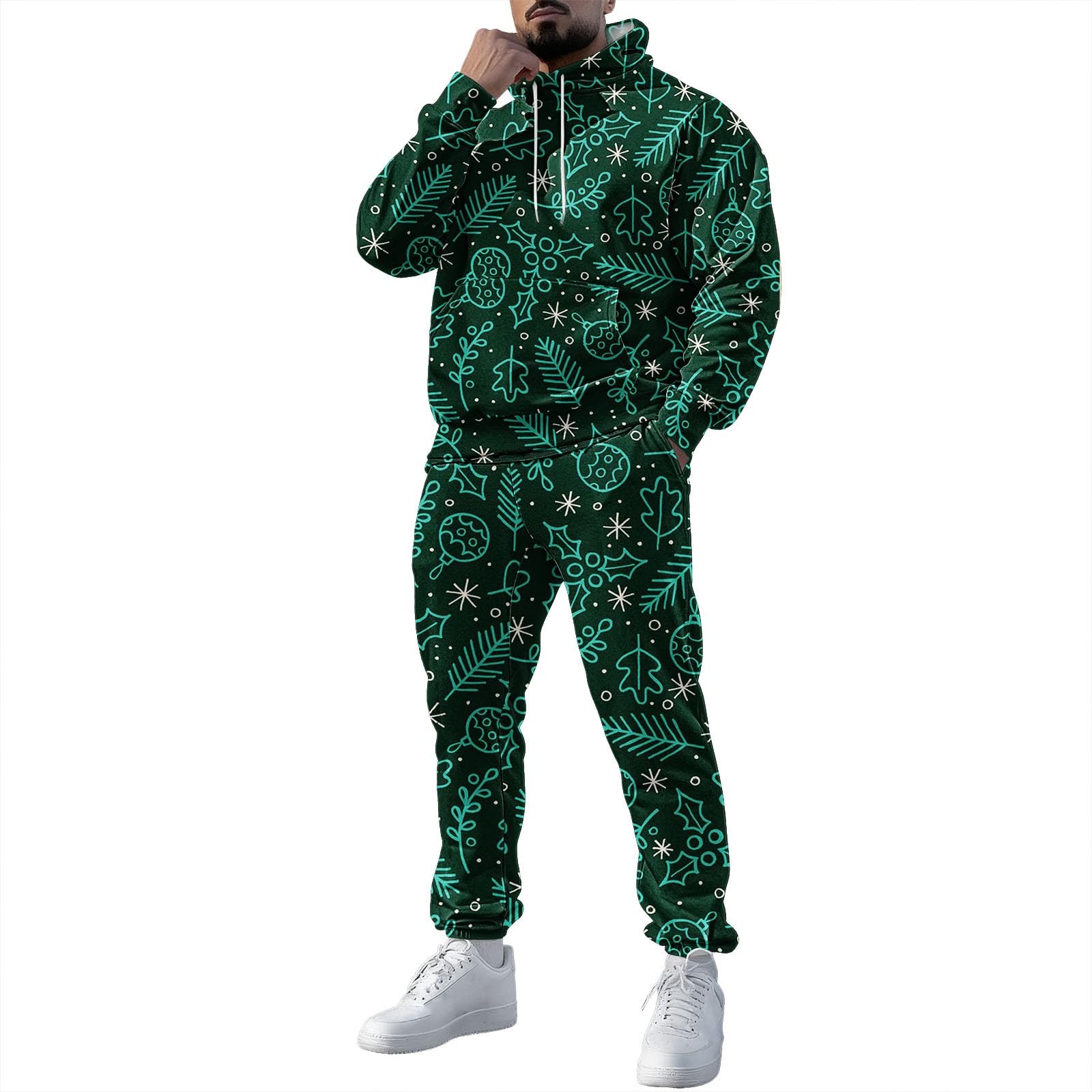 Tuta natalizia da uomo, 2 pezzi, con divertente renna e albero di Natale, oversize, a maniche lunghe, con cappuccio e pantaloni della tuta, set da jogging, abbigliamento sportivo per vacanze, costumi