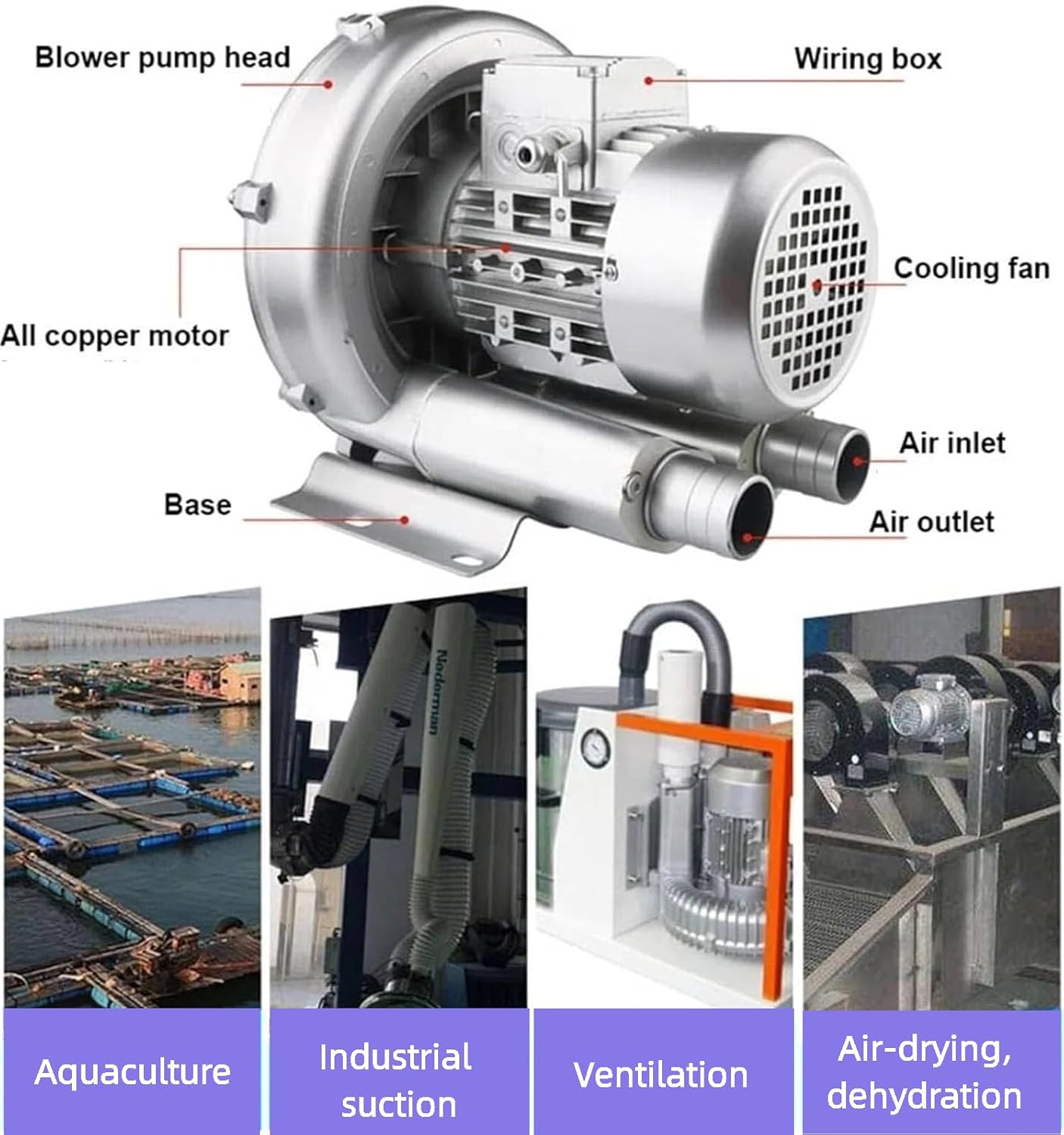 Regenerative Blower,120W, 180W, 250W, 370W, 550W,750W,1100W,1500W Vortex Ring Blower, 110v 60hz Industrial Vacuum Pump,Fish Ponds Aeration Oxygenation Machine (250W/0.33HP)