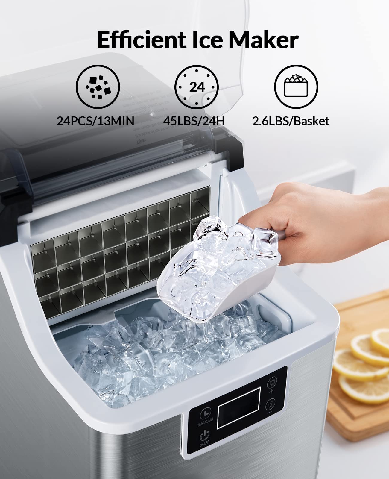 Silonn Countertop Ice Maker Machine, 26lbs In 24hrs, Ice Cube Ready In 6-8 Mins, Self-Cleaning Ice Machine With Ice Scoop And Basket For Home Kitchen Office Bar Party on Fridge.com - View 3