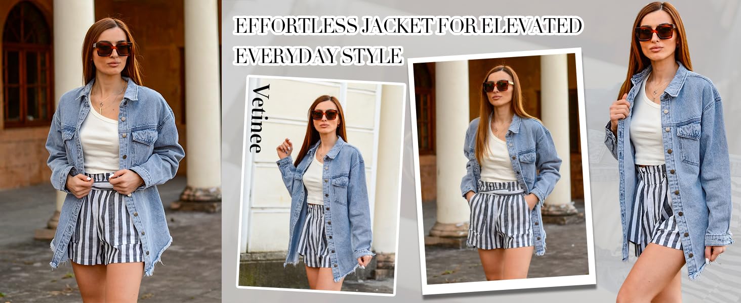 Generisch Women's Oversized Button Up Frayed Hem Shacket Casual Long Sleeve Button Down Boyfriend Jean Jacket With Pocket