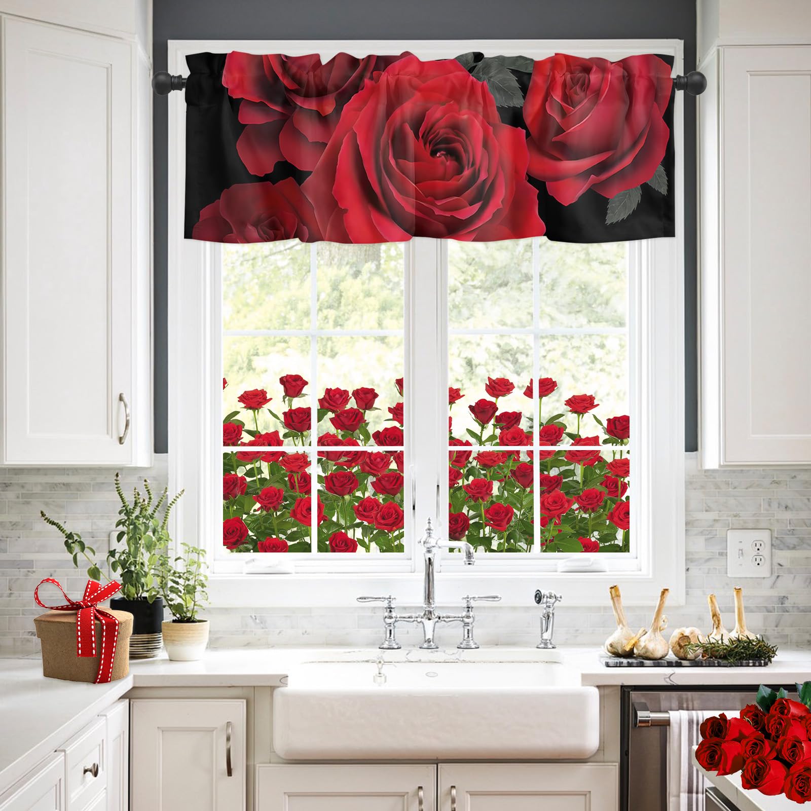 Segard Red Rose Valances for Windows,Romantic Flower Short Curtain,Watercolor Floral Rod Pocket Valance Window Treatments for Kitchen Bedroom Bathroom Living Room 54"x18"