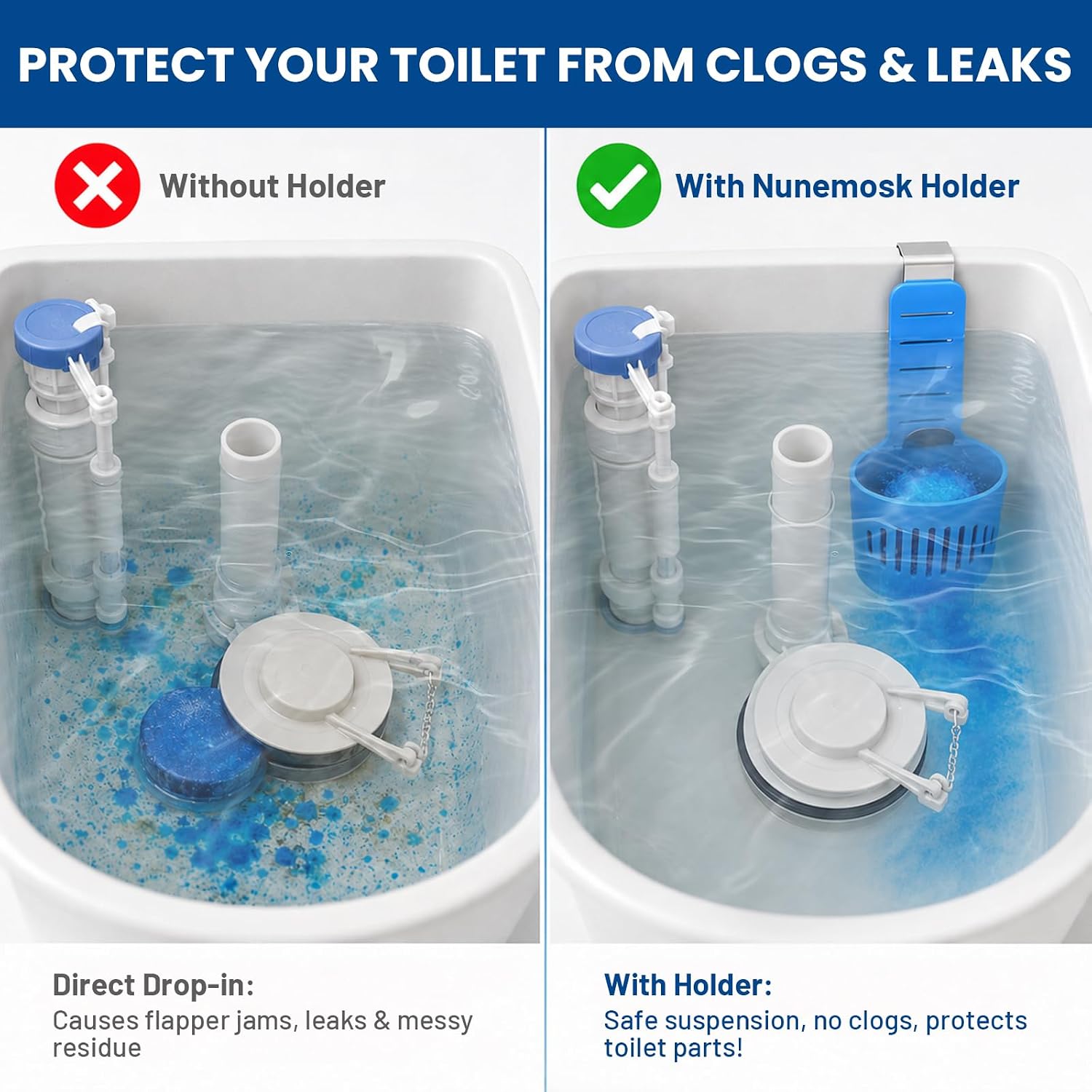 Toilet Tank Tablet Holder for Toilet Bowl Cleaner Tablets, Adjustable Strap & Rustproof Hooks, Prevents Flapper Jams & Residue, Extends Drop-In Cleaner Life (Cleaner Holder)