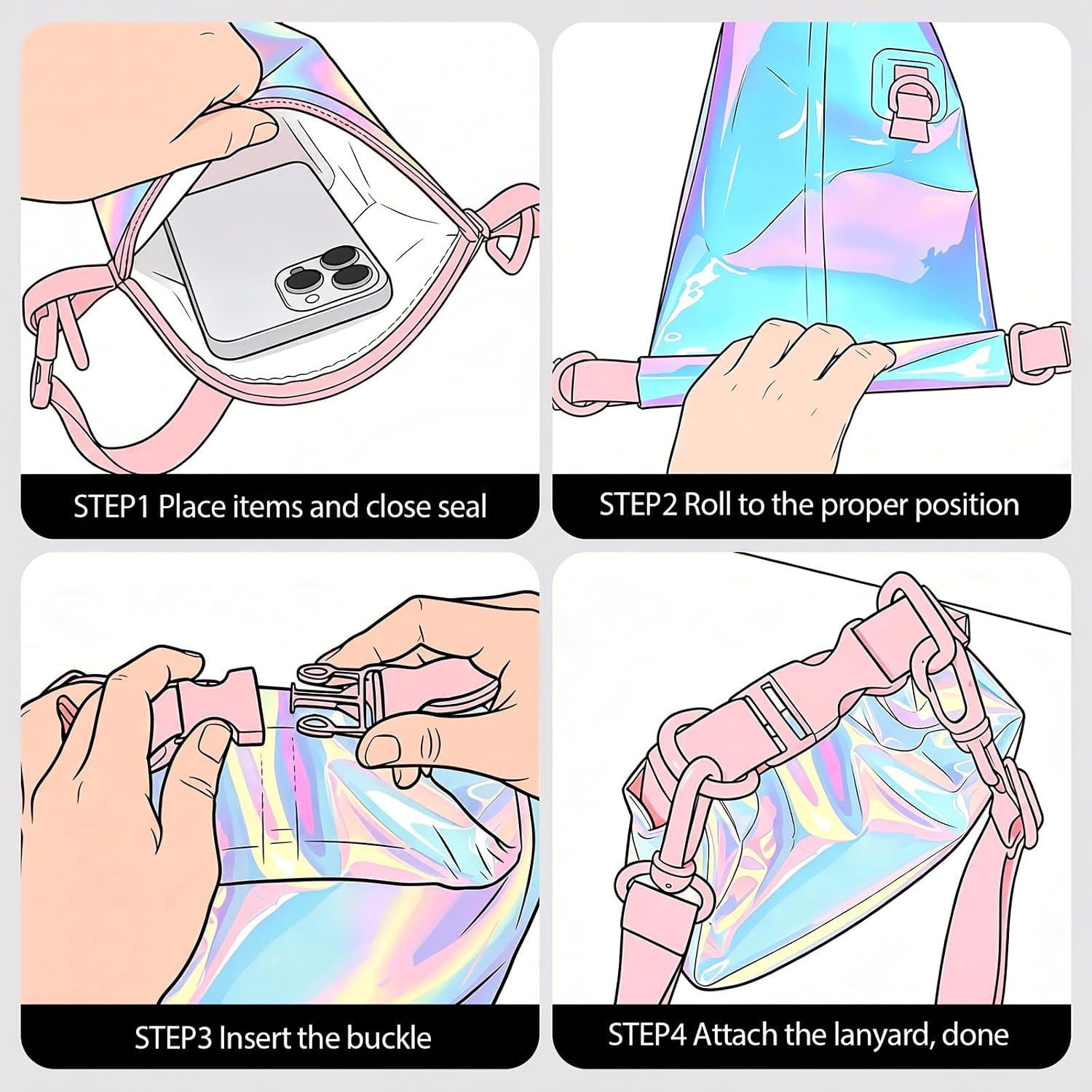 IP68 Waterproof Phone Pouch Case Three-Layer Seal for iPhone 17 16 Pro Max/15/14, IP68 Travel Cellphone Dry Bag Beach Cruise Ship Essential Bucket Bag with Crossbody Lanyard, Iridescent