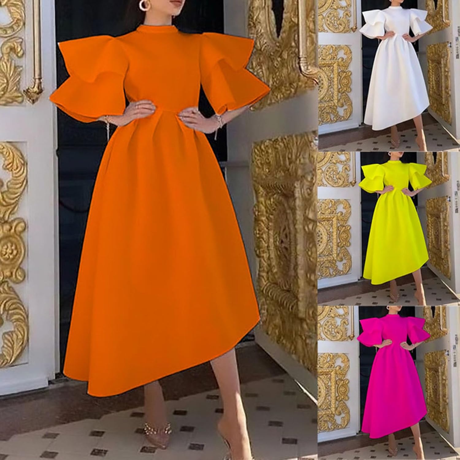 HGps8w Women's Audrey Hepburn Style Elegant Swing Dresses Ladies Ruffle Sleeve Plus Size A Line Knee Lenght Cocktail Dress