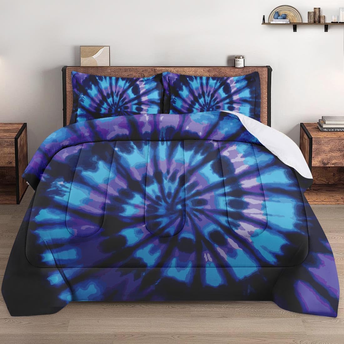 Full Size Comforter Set with 2 Pillowcases, Blue Orange Tie Dye Psychedelic Soft Bedding Set for Kids and Adults Bedroom Bed Decor