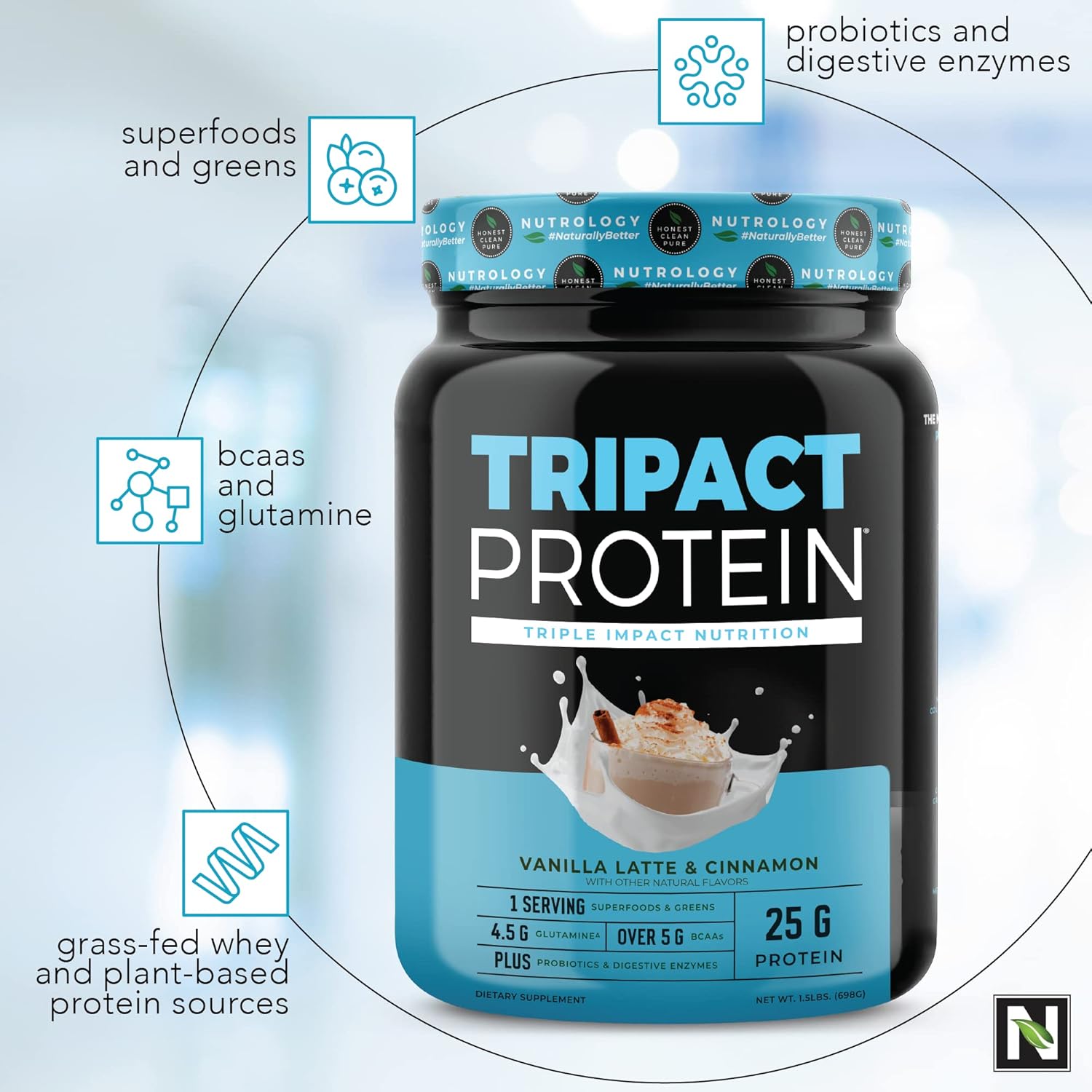 Nutrology TRIPACT Protein - Premium Nutrition Shake - Non-GMO Grass Fed Whey Protein,Plant Proteins,Greens,Superfoods & Probiotics - 5g BCAAs - Creamy Chocolate & VanillaLatte w/Cinnamon 1.5lb Each