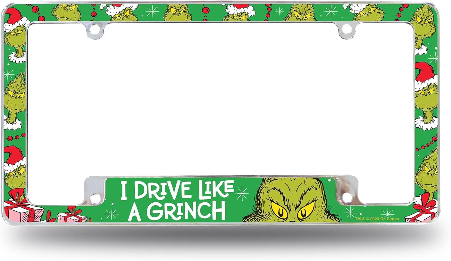 Rico Industries Grinch Drive Like a Grinch 12" x 6" Chrome All Over Automotive License Plate Frame for Car/Truck/SUV