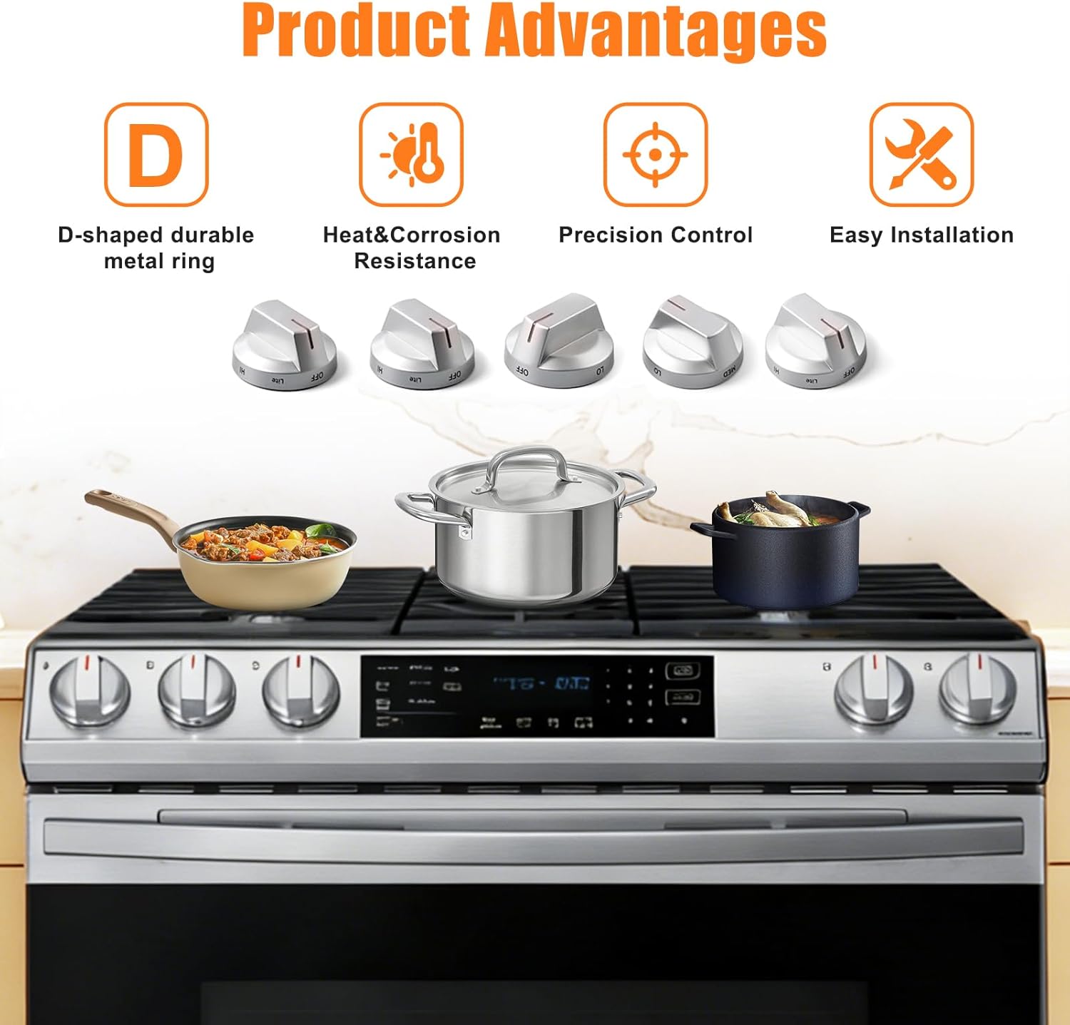 Upgraded DG64-00975A Stainless Steel Stove Knobs Replacement for Samsung Gas Range NE/NX9000T NX60T8511SS/AA, Durable&Heat-Resistant, Perfect Fit for DG94-03443A DG94-04397A Oven Control Knobs (5PCS)