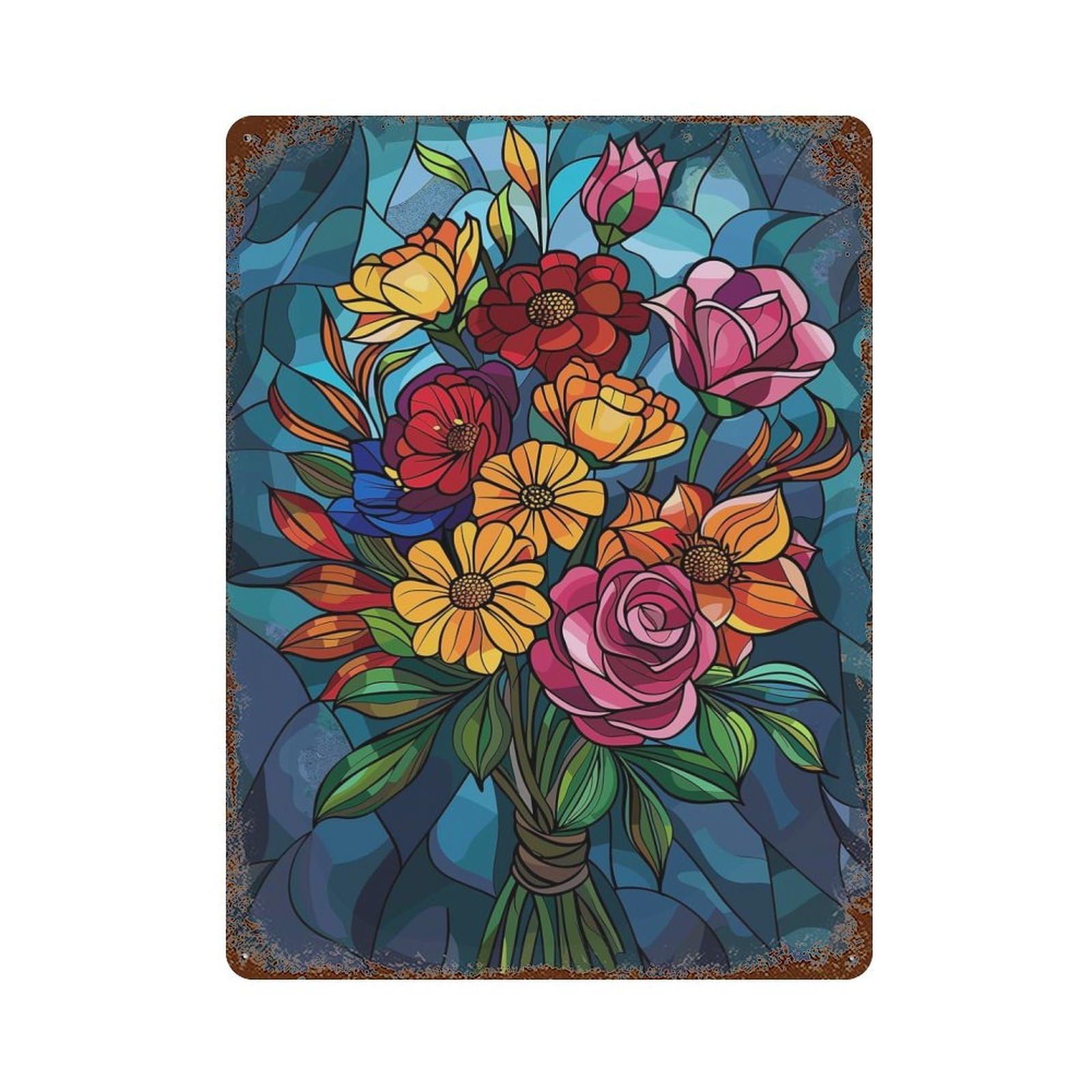 Rust Effect Flower Stained Glass Rusty Metal Tin Sign 15.7"x11.8", Rustic Home Decor for Living Room, Hallway And Home Decor