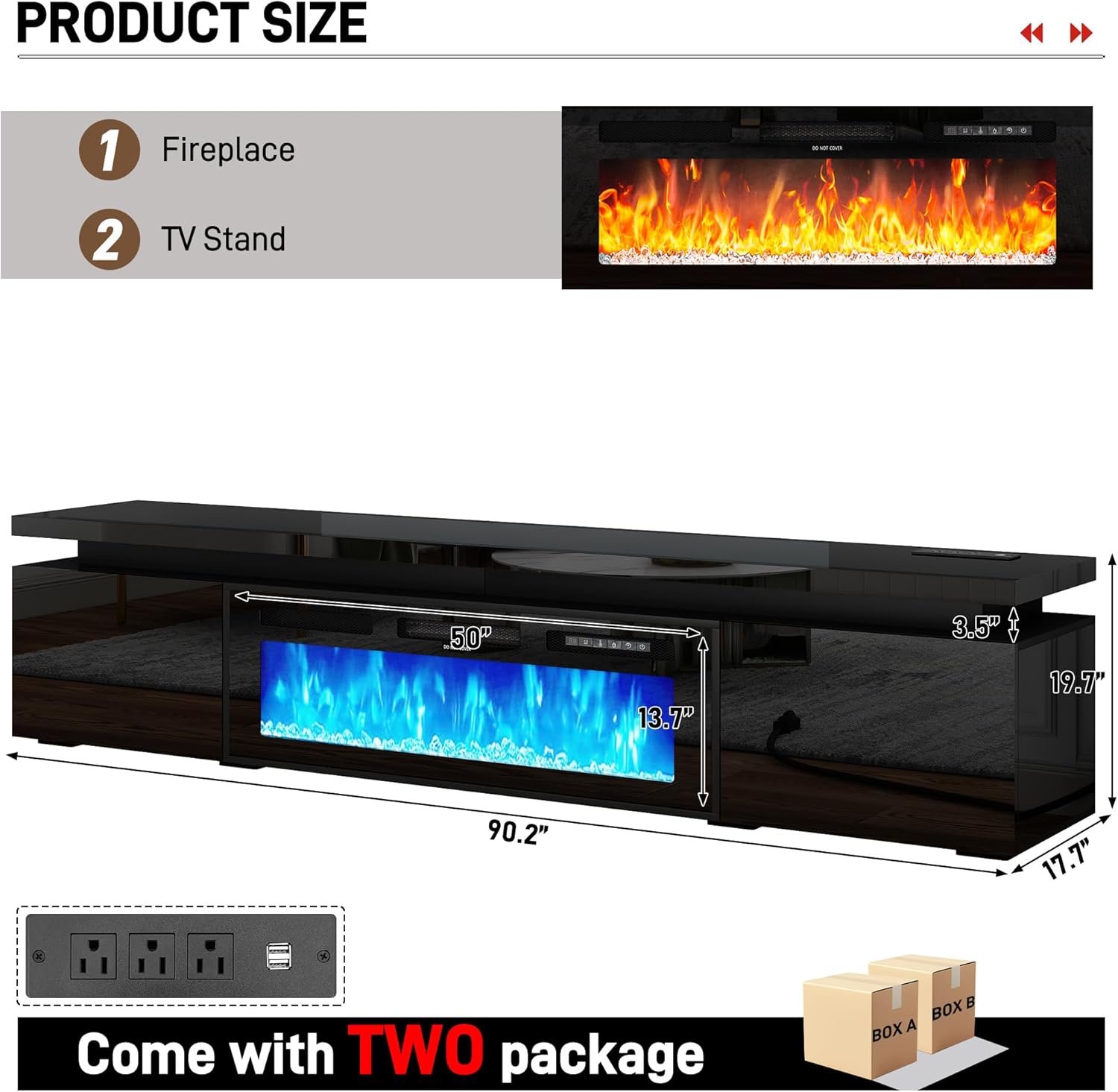 St.Mandyu Fireplace TV Stand for 100" TV, 90" LED TV Stand with 50" Electric Fireplace & Power Outlet, High Gloss Surface, 2 Storage Cabinet, Modern Style (90 Inch, Black)