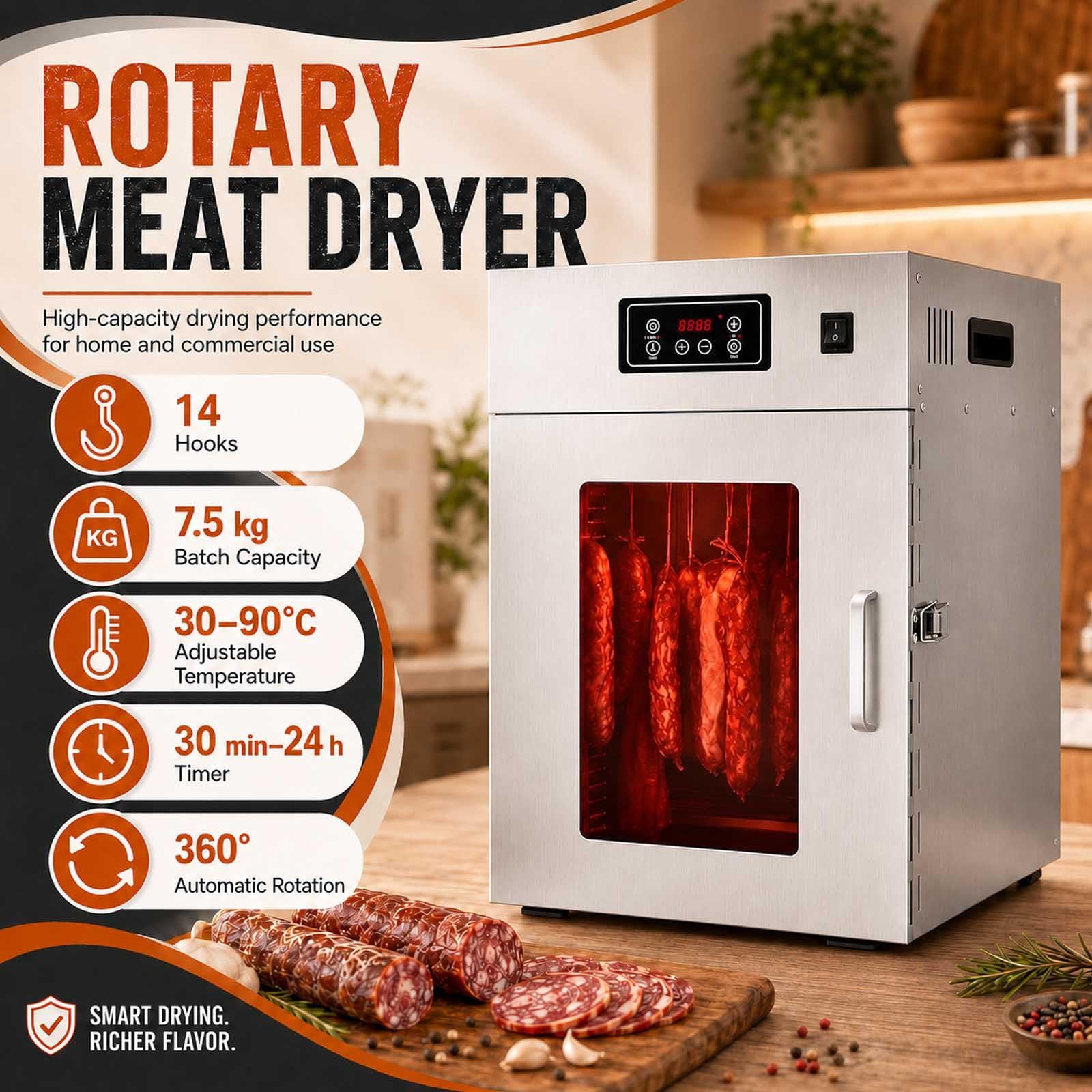 Dry Ager Für Fleisch Mit 360°-Luftstrom Und 30–90 °C Regelung Withoutgrid | 800 W Edelstahl-Reifeschrank Mit 30–90 °C, 24-H-Timer, 360°-Heissluft, 14 Haken Und 5–7,5 Kg Kapazität.