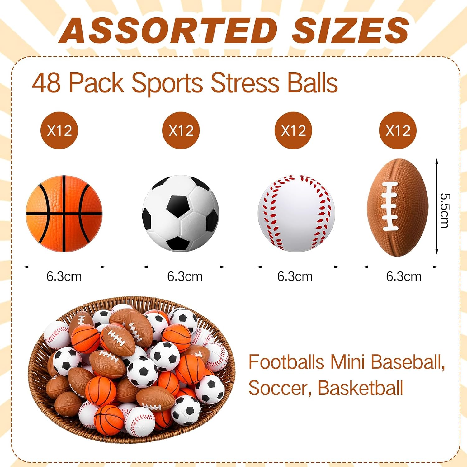 Blulu 48 Pack Small Sports Stress Balls for Kids Mini Footballs Baseball Soccer Basketball Sports Party Favor Gifts Small Foam Squeeze Anxious Toy for Classroom Reward Sport Party Supplies(2.5 Inch)