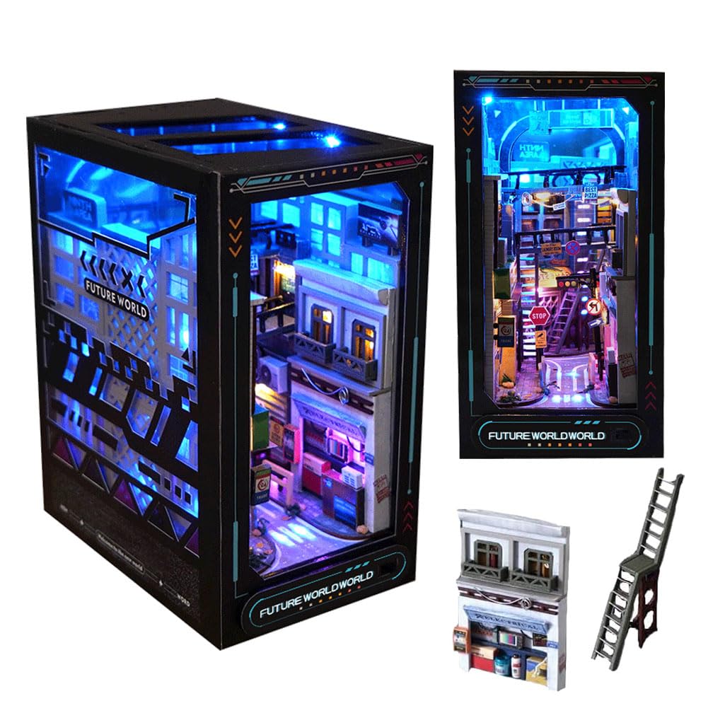 Kit fai da te in miniatura per casa delle bambole Future Worlds Book Nook, casa delle bambole modello di puzzle libreria decorazione tre colori di luce ragazzo e ragazza regalo di compleanno