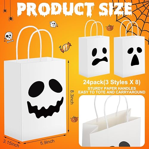 Miniatura 2 de Honoson 24 bolsas de regalo de Halloween de fantasma, bolsas de papel de regalo de Halloween con asas para suministros de fiesta de dulces (blanco,