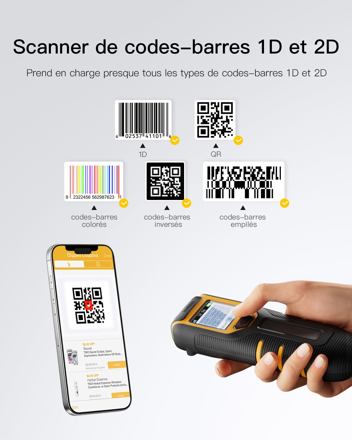 Inateck Lecteur Code Barre sans Fil 2D, Bluetooth QR, 2600 mAh, BCST-47