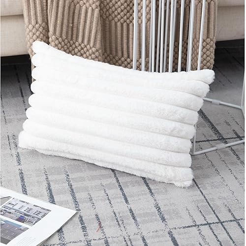 Miniatura 5 de ZLINA Juego de 2 fundas de almohada de felpa de piel sintética de color blanco crema a rayas esponjosas para sofá, dormitorio, 12 x 20 pulgadas