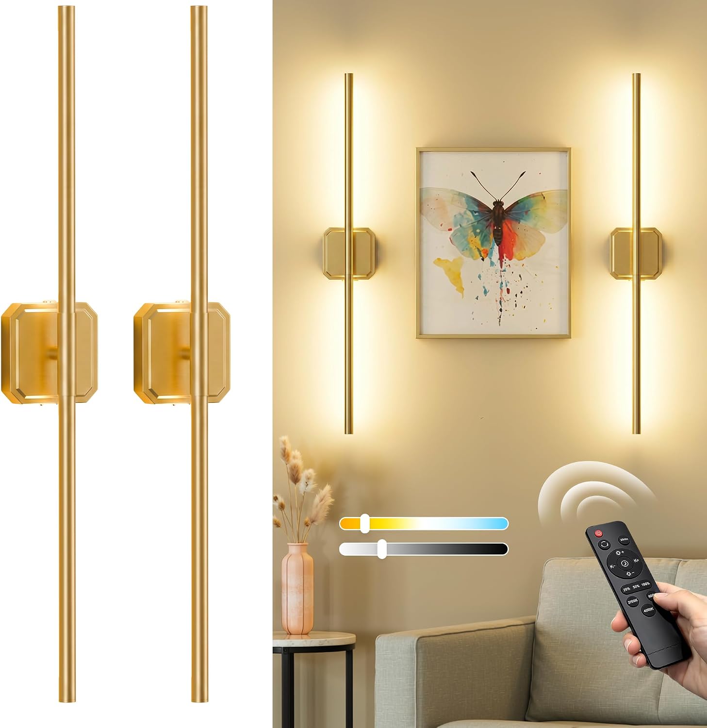 Battery Operated Wall Sconces Set of Two, Wireless Wall Lights Touch & Remote Control Rechargeable LED Wall Lamp 2700K-6000K Dimmable Lights for Living Room Bedroom Bathroom Hallway( 29 ", Gold)