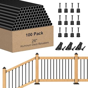 BLIKA 100 Pack 26" Aluminum Deck Balusters with Adjustable Baluster Connector, 3/4" Black Round Aluminum Balusters for Deck Railing, Black Metal Deck Balusters Staircase Spindles