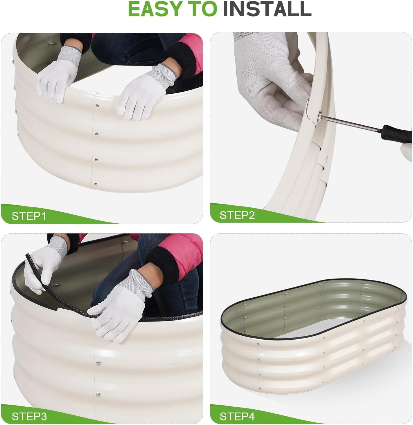 Galvanized Raised Garden Bed - 4×2×1ft (2 Packs) Planter Raised Beds for Gardening | Oval Metal Garden Planter Box with Safety Edging and Gloves for Vegetables Fruits and Flower (White)