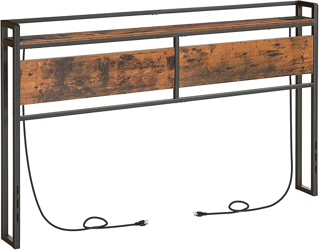 King Size Headboard, Headboard with 2 Outlets and 4 USB Ports, Adjustable Height, Storage Rack, Sturdy and Stable, Easy Assembly, Rustic Brown and Black