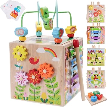 Wooden Activity Cube | Montessori Toys for 1 2 3 Year Old Toddlers | One Year Old 1st 2st First Birthday Gift | Educational Toys for 12+ Months Baby Boys Girls | Bonus Sorting & Stacking Game Blue