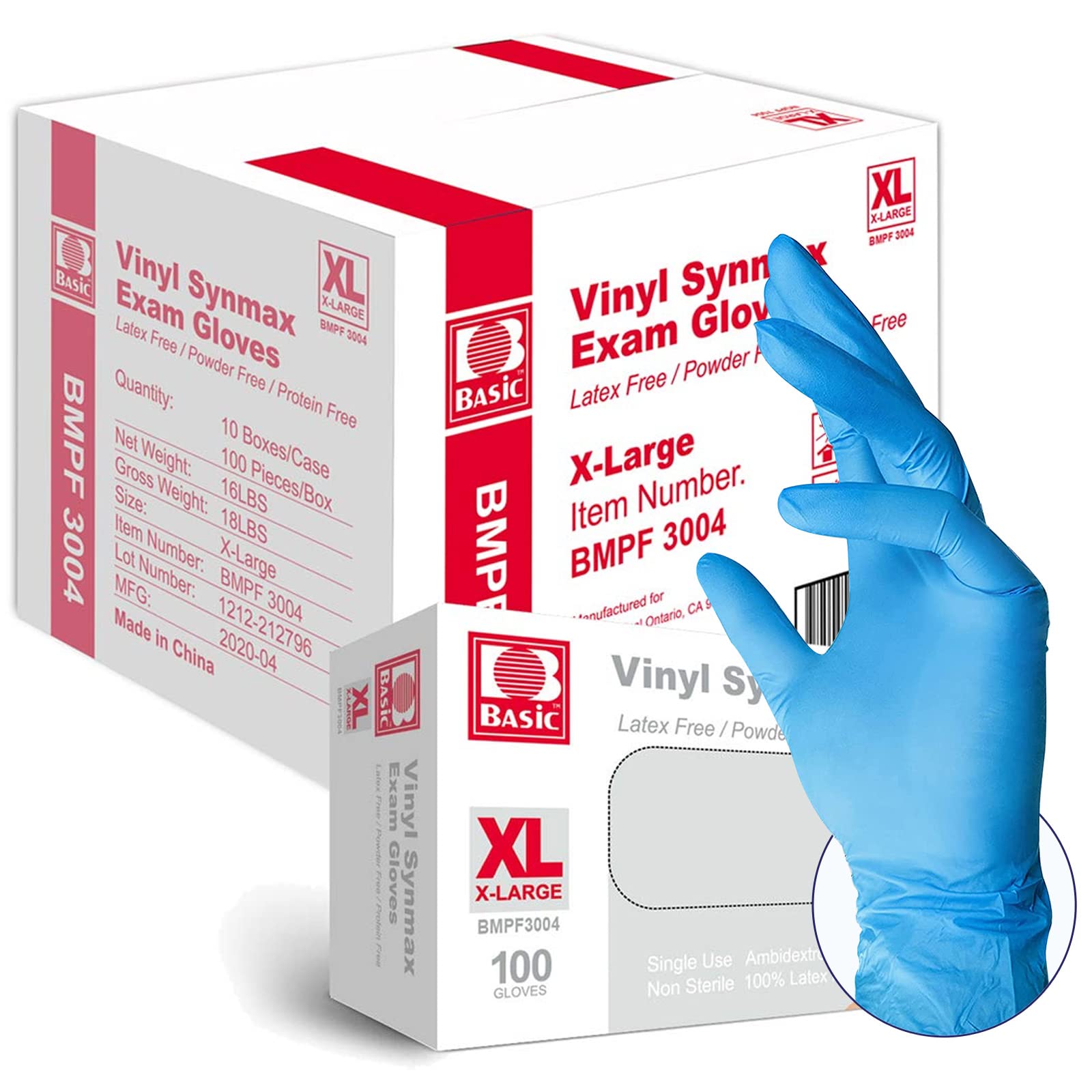 Synmax Vinyl Exam Gloves Disposable Exam Gloves, 4 Mil, Latex & Powder Free, Food-Safe, Lightly-Textured, Blue XL Size Case of 1000