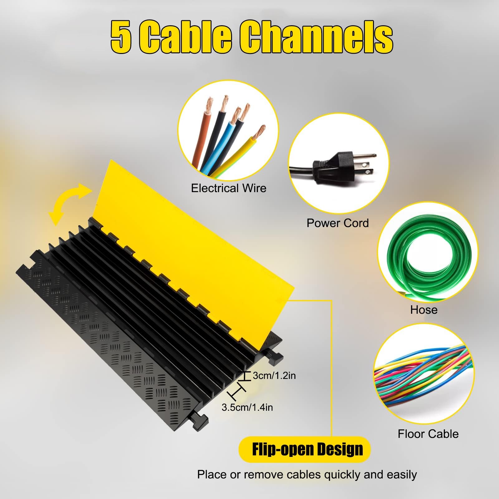 Canaleta Cables 5 Canales 10 Toneladas de Capacidad Pasacables Suelo, Protector de Cable Negro y Amarillo para Alambre/Manguera/tubería, Rampas para Coches 90 * 49 * 5 Cm