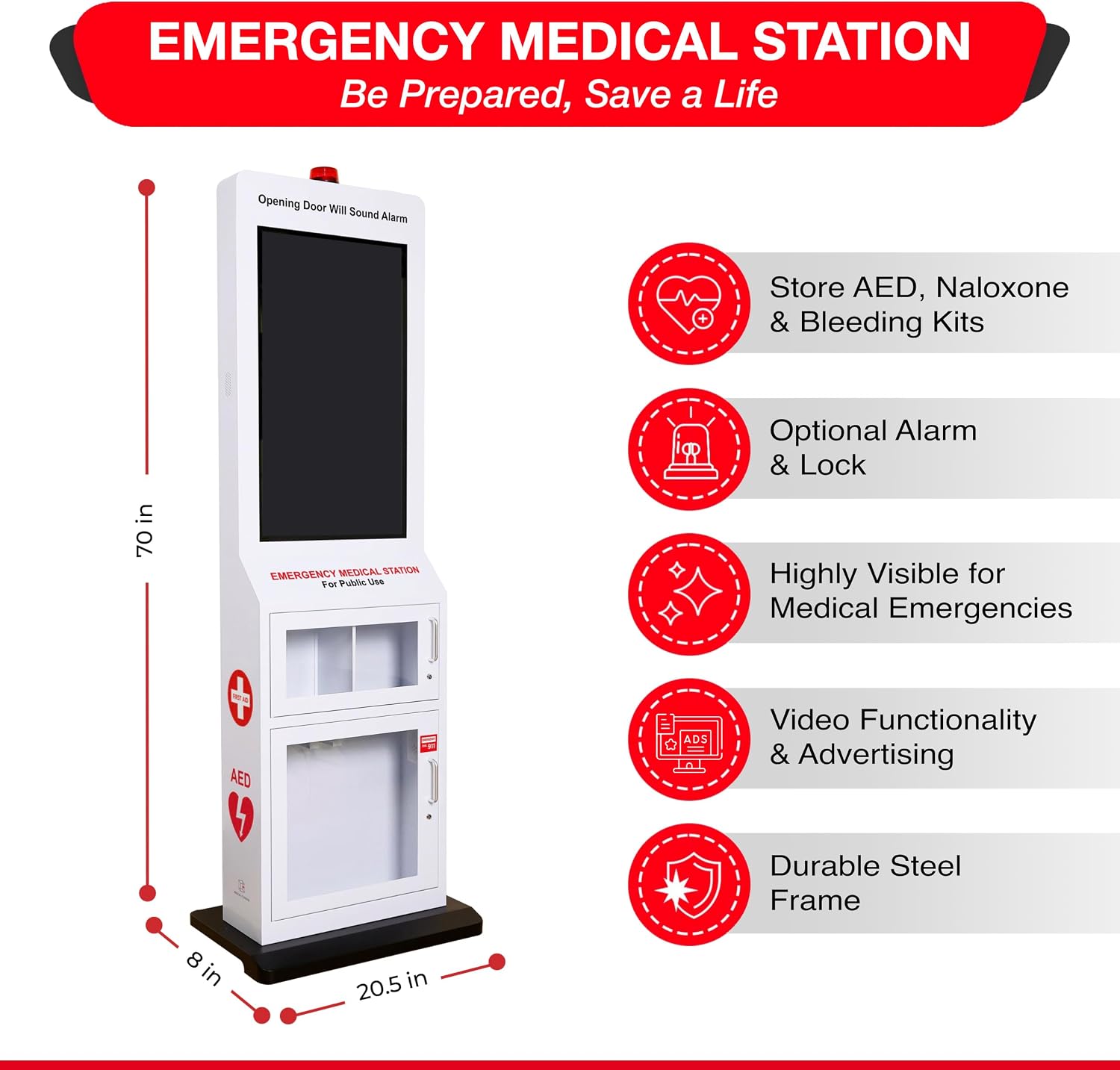 Emergency Medical Station with Large Display Screen - Designed to Store AED's, Naloxone Overdose Kits, Bleeding Control Kits & First Aid Kits for Public Spaces