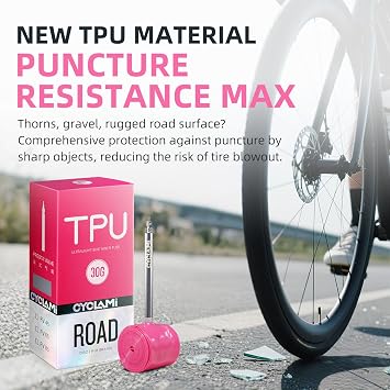 4-Pack CYCLAMI TPU Inner Tube 700C, Ultralight 30g Road Bike Tube Compatible with 700x18/23/25/28/30/32C Metal Presta Valve 45mm -TPU Road Bicycle Tire 28'' (with a Multi-Functional Tire Pry Bar)