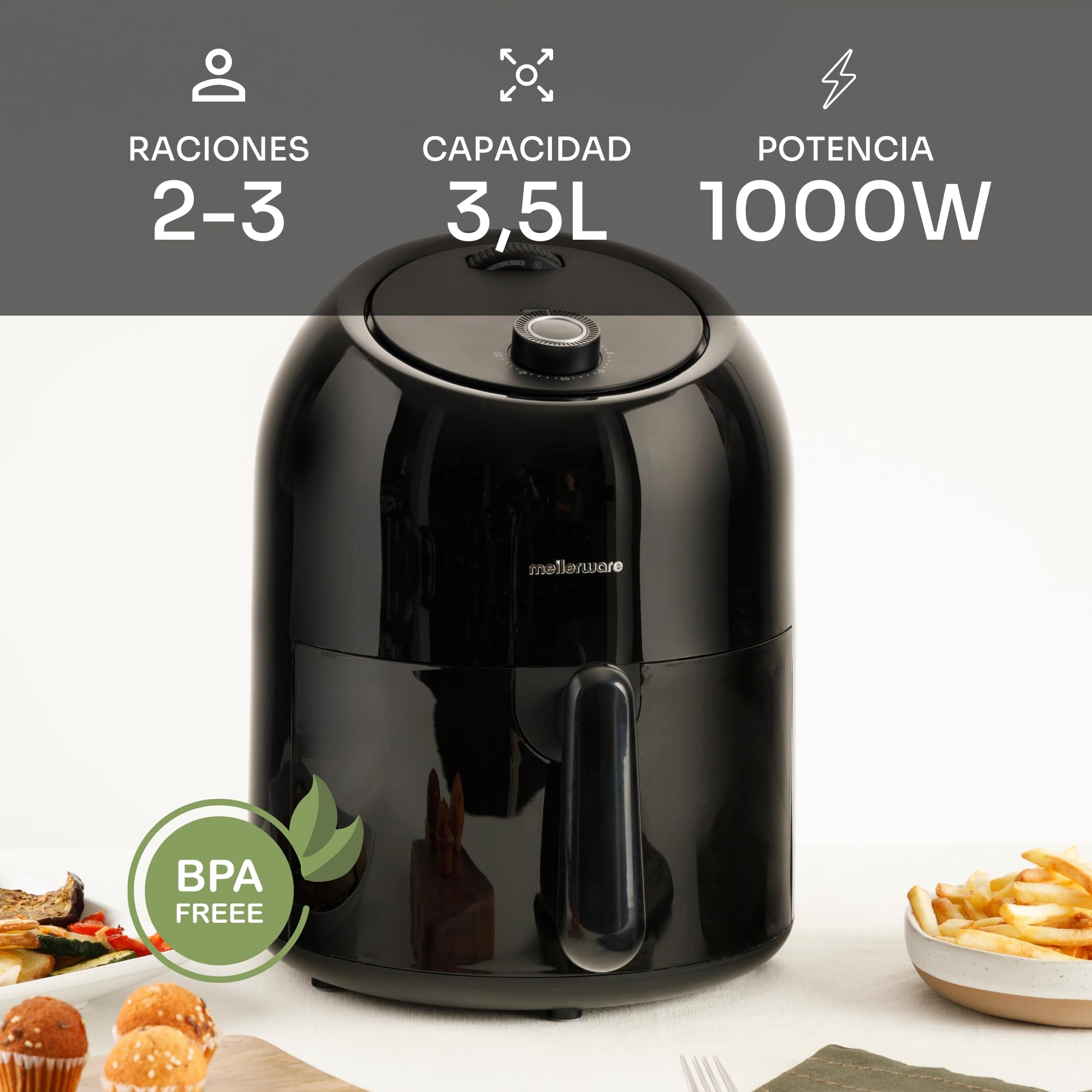 Mellerware - Freidora sin Aceite Crunchy Medium 1000W, 3,5 l, Temporizador Programable, Air Fryer 80-200ºC, Sin BPA/PFOA, Freidora de Aire Análogica, Negro