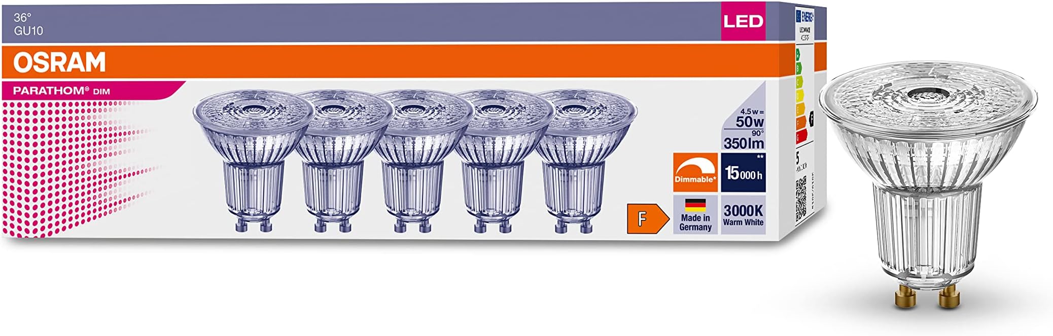 Osram PAR16 Dimmable LED Reflector Bulbs with Retrofit Plug-in Socket PARATHOM® DIM PAR16 50 36° 4.5 W/3000 K GU10 Pack of 5