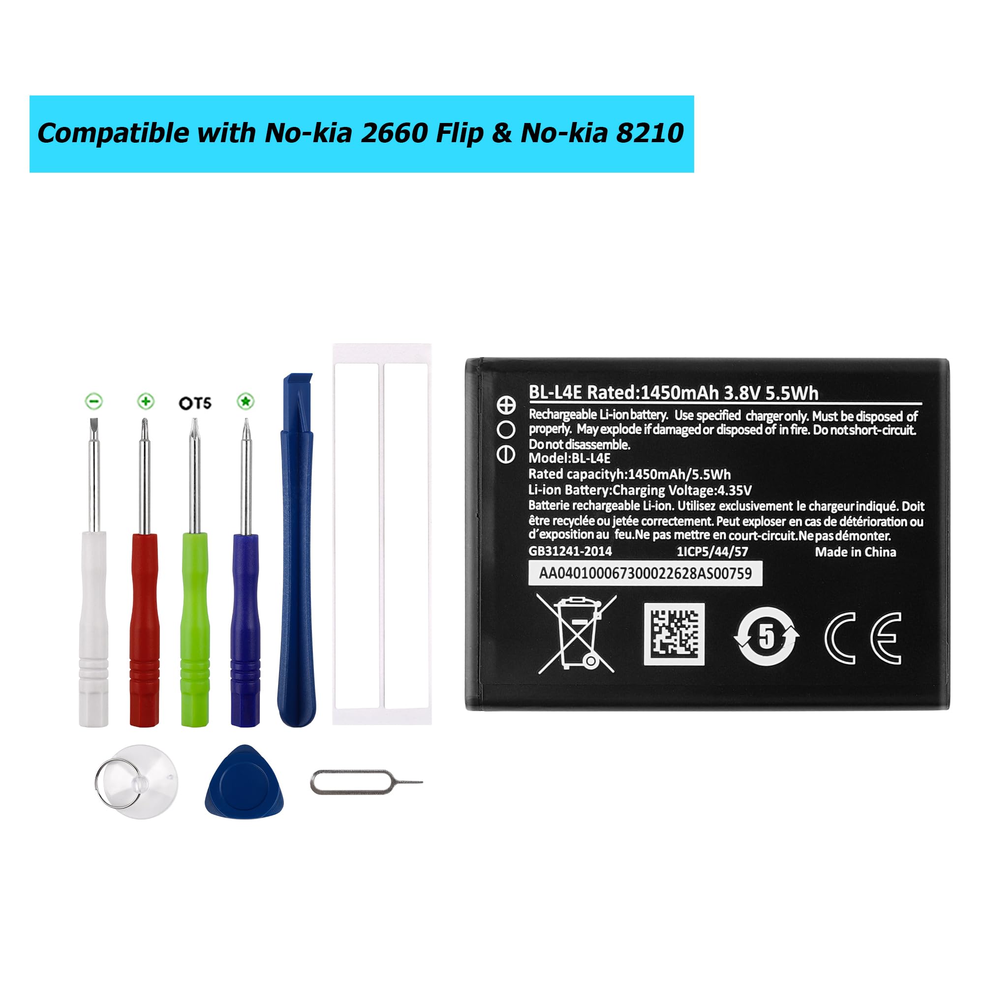 Hot Model Replacement Battery for Nokia 2660 8210 BL-L4E 3.8V 1450mAh Rechargeable Lithium Ion in Stock