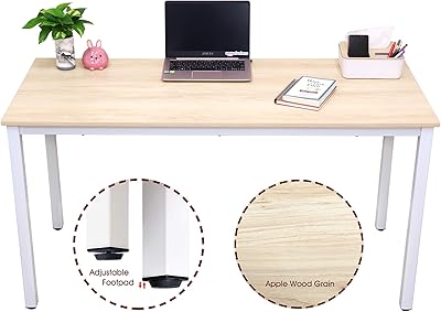GL GLOBAL LIFE 55 inch Large Computer Desk Wood, Modern Simple Style Desk for Home Office, Bedroom, Study Student Writing Desk, Small Spaces, White Metal Frame, Apple Wood Grain Top